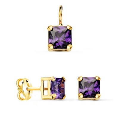 Parure pendentif et puces, pierre violette carrée, or 18 cts et...
