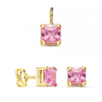 Parure pendentif et puces, pierre violette carrée, or 18 cts et zircon - Emmy