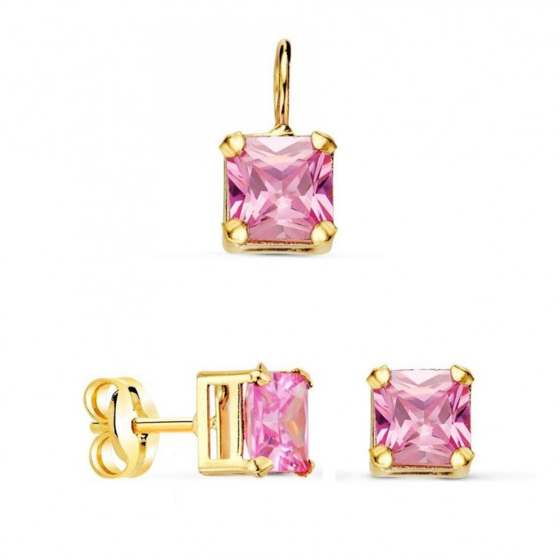 Parure pendentif et puces, pierre violette carrée, or 18 cts et zircon - Emmy