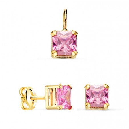 Parure pendentif et puces, pierre violette carrée, or 18 cts et zircon - Emmy