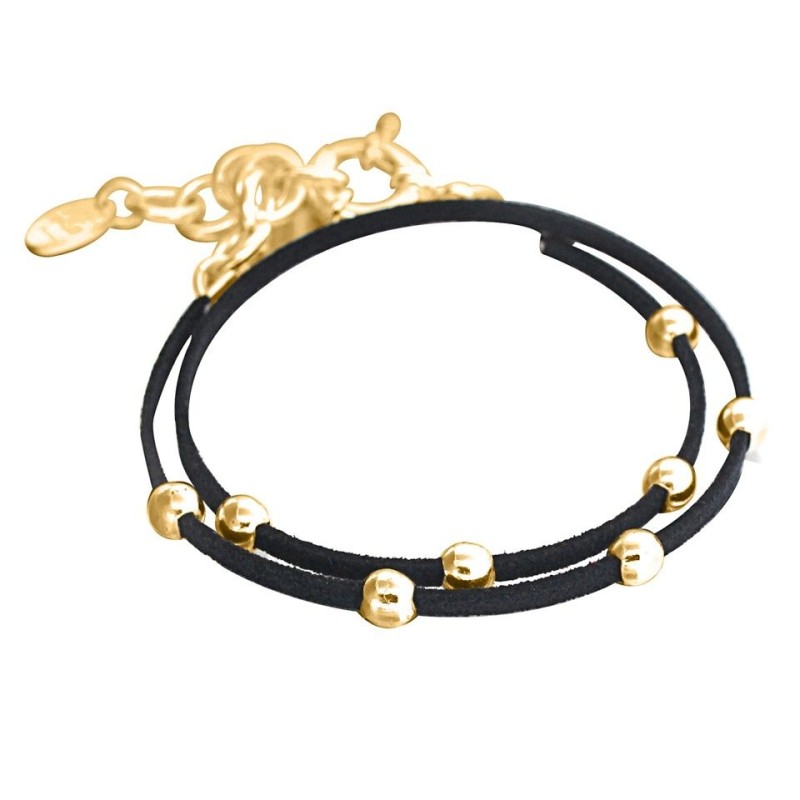 Bracelet pour femme en plaqué or et suédine noire, Double Univers Bracelet pour femme en plaqué or et suédine noire, Double Univers