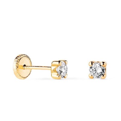 clous d'oreilles fermoir à vis, or jaune 18 carats et zircon de 3 mm