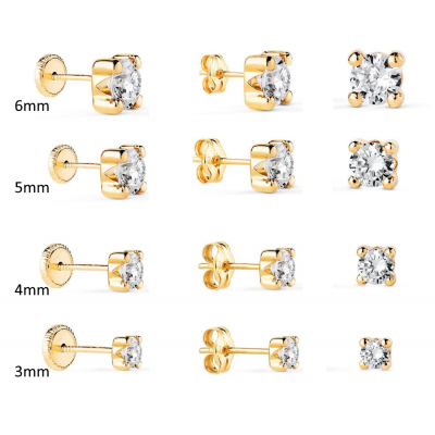 Clous d’oreilles or jaune 18 carats et zircon - Modèles de 3 à 6 mm - Andromède