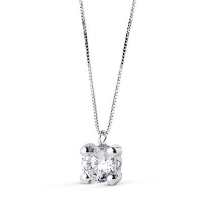 Collier femme or blanc, chaîne + pendentif solitaire en zircone 6mm