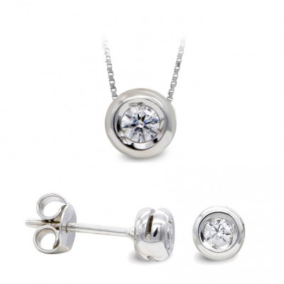 Parure Cercle en or blanc 18 carats et zircon solitaire - collier + boucles - Diane