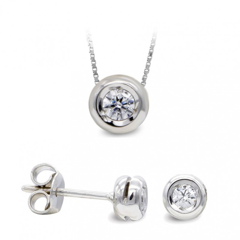 Parure Cercle en or blanc 18 carats et zircon solitaire - collier + boucles - Diane