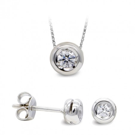 Parure Cercle en or blanc 18 carats et zircon solitaire - collier + boucles - Diane