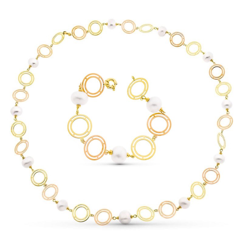 Parure Sabrina – Sautoir et bracelet en or bicolore 18 carats et perles de culture