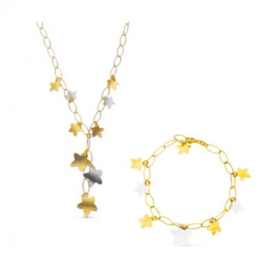 Parure Étoiles Evania – Collier pendant et bracelet en or bicolore 18 carats, maillons ovales et étoiles brossées