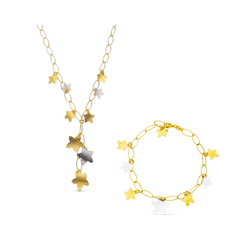 Parure Étoiles Evania – Collier pendant et bracelet en or bicolore 18 carats, maillons ovales et étoiles brossées