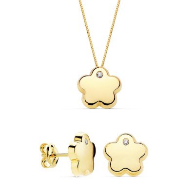 Parure Abby – Collier et boucles Fleur en or jaune 18 carats et zircon