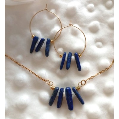 parure de bijoux luxe lapis-lazuli avec calcédoine blanche – Modèle Céleste