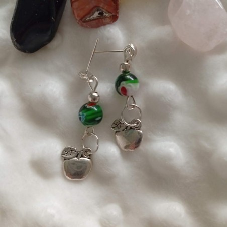 Boucles pendantes Happy, Pomme, Argent 925 & perles de verre vertes