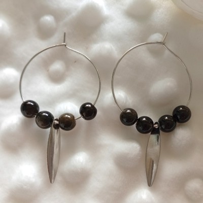 Boucles d'oreilles perle de pierre noir et acier inoxydable