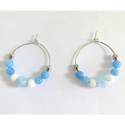 Boucles Thalassa - Créoles acier gris & perles d'aigue-marine et de...