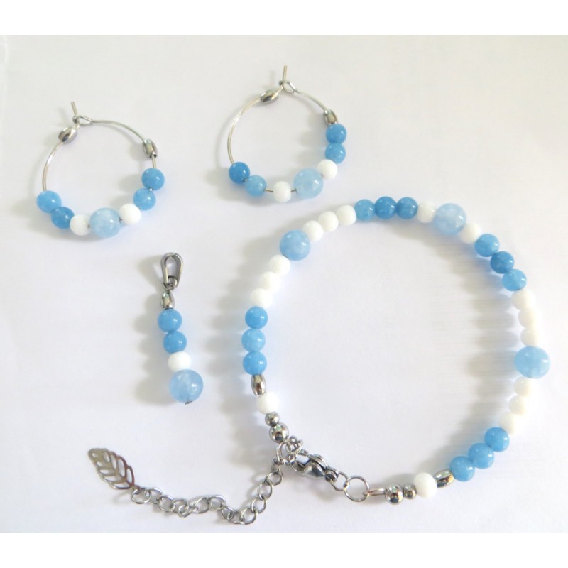 Parure Thalassa – Collier, boucles & bracelet en acier gris avec aigue-marine & calcédoine blanche