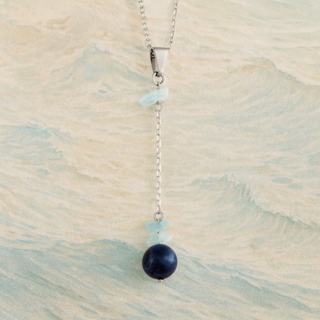Collier Sérénité – Acier argenté, aigue-marine & sodalite, signé Créalyn