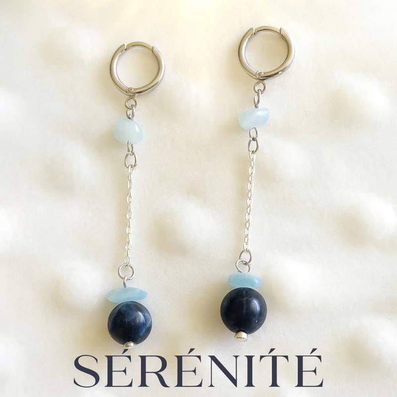 Boucles d’oreilles pendantes acier argenté, Aigue-marine & sodalite - Sérénité