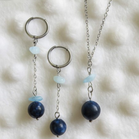 Parure Sérénité – Boucles & collier en acier argenté, aigue-marine & sodalite