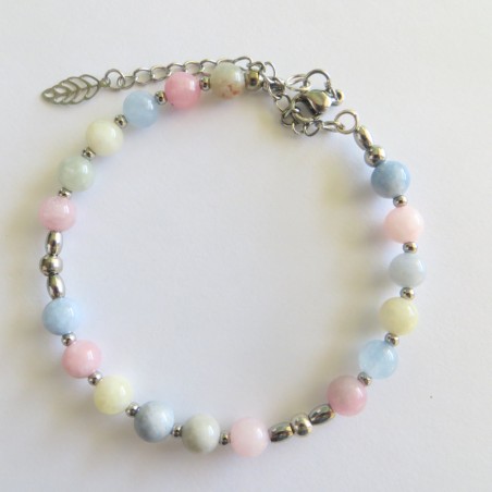 Bracelet Pastelia – Agate morganite pastel & acier argenté signé Créalyn