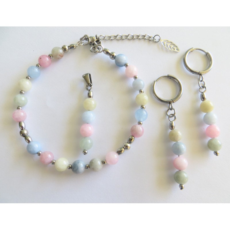 Parure Pastelia – Bijoux artisanaux en agate morganite pastel & acier argenté