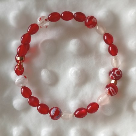 Bracelet Venezia – Perles de Murano rouges & blanches, acier doré mémoire de forme