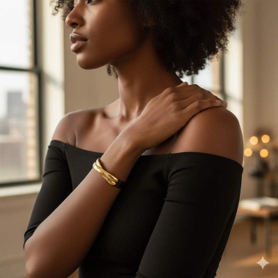 Bracelet jonc Adalia plaqué or jaune 18K porté par une femme, design croisé visible au poignet, élégance moderne