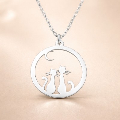 Collier femme romantique argent, 2 chats sous la lune - Création CabaneTchanque Collier femme romantique argent, 2 chats sous la lune - Création CabaneTchanque