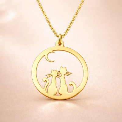 Collier femme romantique doré, 2 chats sous la lune - Création CabaneTchanqu
