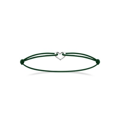 Bracelet romantique, cordon réglable vert sapin, coeur argent rhodié