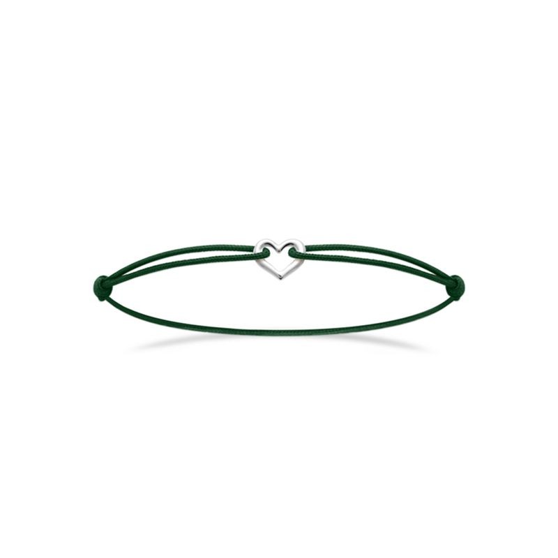 Bracelet romantique, cordon réglable vert sapin, coeur argent rhodié