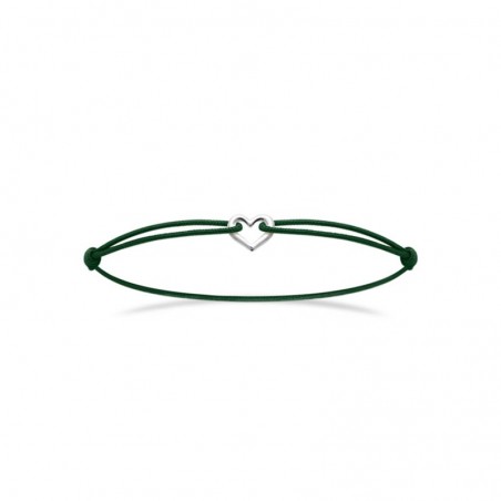 Bracelet romantique, cordon réglable vert sapin, coeur argent rhodié