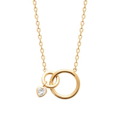 Détail collier plaqué or motif anneaux asymétriques et cœur serti de zircon