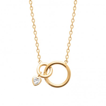 Détail collier plaqué or motif anneaux asymétriques et cœur serti de zircon