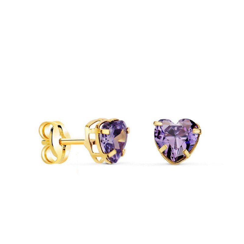 Clous d'oreilles coeur en or massif, zircon violet améthyste 5 mm - Marie