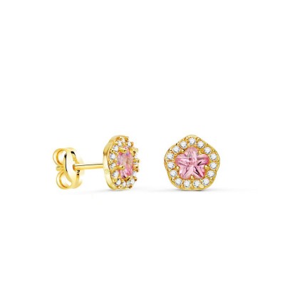 Boucles d'oreilles fleur en or jaune et zircon rose / blanc - Epyna
