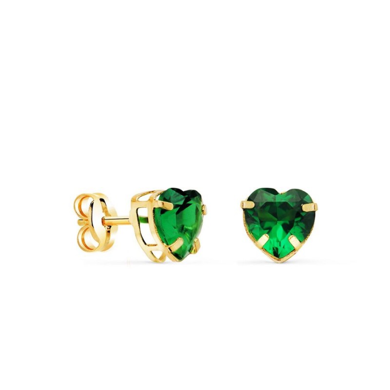 Clous d'oreilles coeur en or massif, zircon vert émeraude 5 mm - Marie