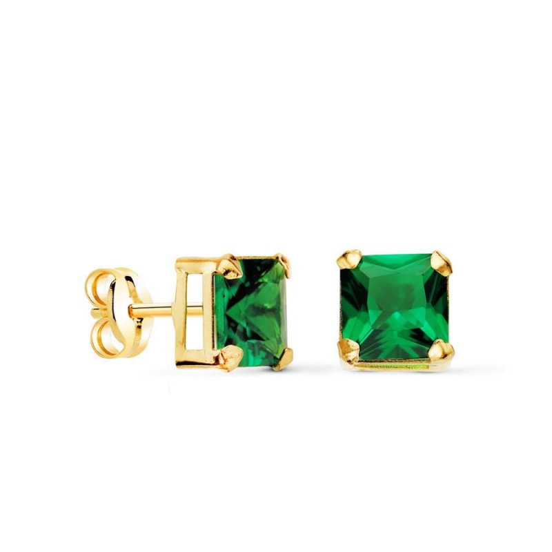 Clous d'oreilles or massif, zircon carré vert émeraude 6 mm - Aline