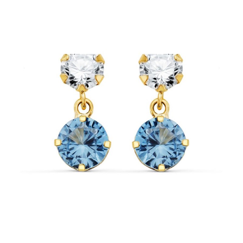 Boucles pendantes, or jaune, pierres de zircon blanc et bleu aigue-marine - Sanna