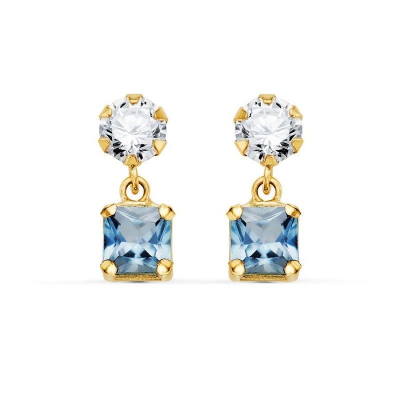 Boucles pendantes, or jaune, carré de zircon et aigue marine - Eloane