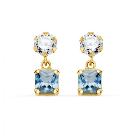 Boucles pendantes, or jaune, carré de zircon et aigue marine - Eloane