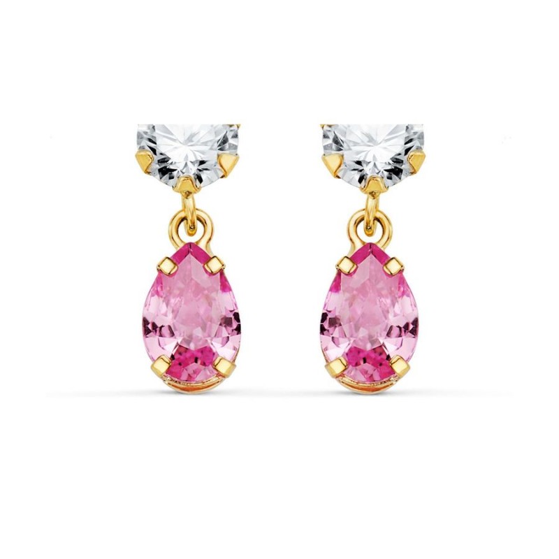 Boucles pendantes, or jaune, goutte de zircon blanc et rose - Rosana