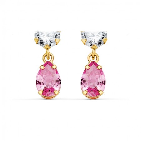 Boucles pendantes, or jaune, goutte de zircon blanc et rose - Rosana