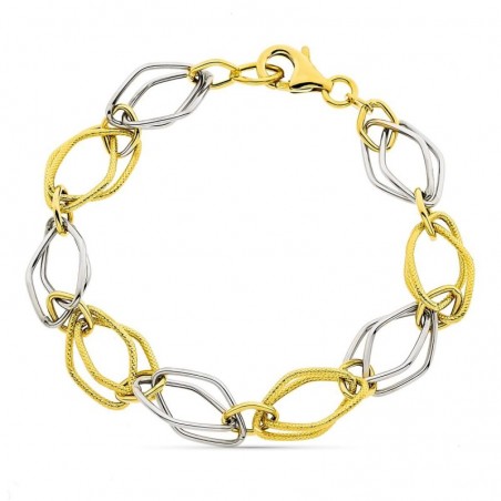 Bracelet Dina en or bicolore 18 carats 8 mm alternance or blanc brillant et or jaune texturé - Lyn&Or Bijoux