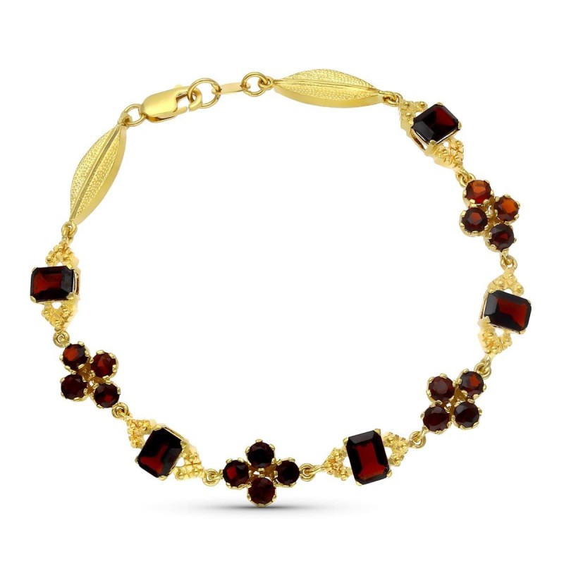 Bracelet Catalina or jaune 18 carats et grenats rouges en motif floral