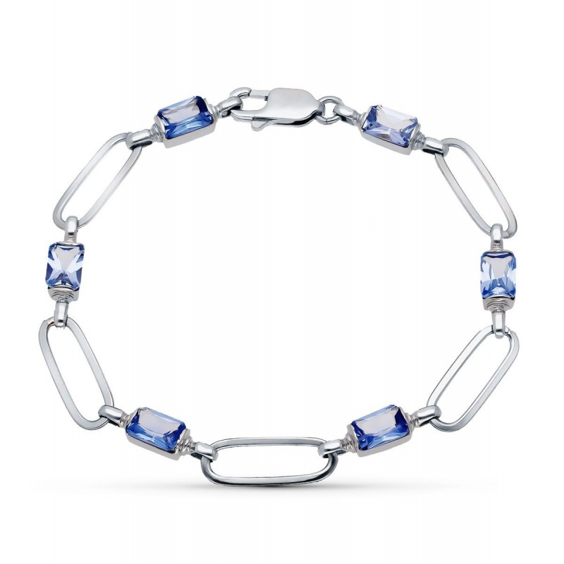 Bracelet Sido or blanc maillons ovales plats et tanzanites synthétiques cabochon