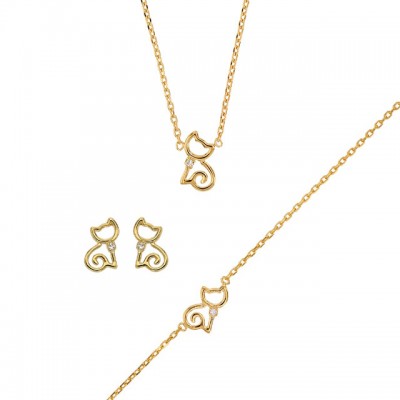 Parure de bijoux enfant en plaqué or et zircon - Chat