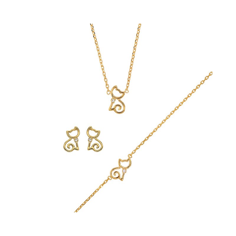 Parure de bijoux enfant en plaqué or et zircon - Chat