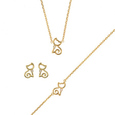 Parure de bijoux enfant en plaqué or et zircon - Chat