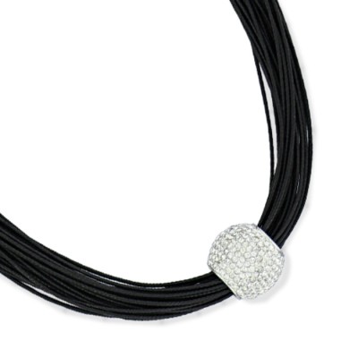Collier multifils en cuir noir, sphère brillante en acier & cristaux - Nyx